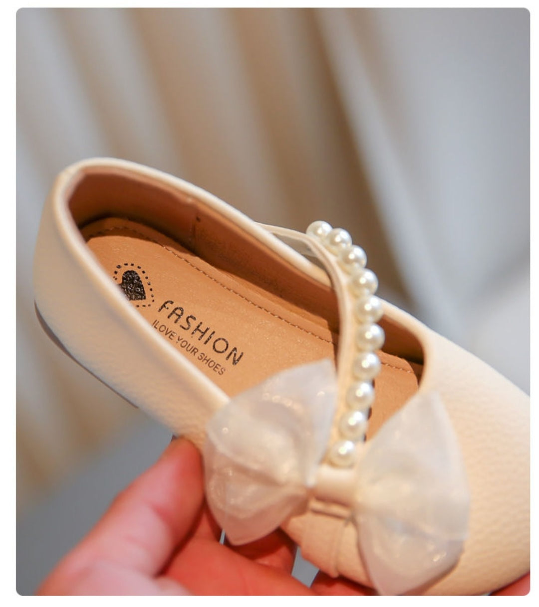 Pearl Bow Girls Party Dance Shoes Cream