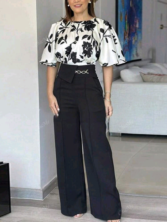 ChicMe 2 Pieces Outfit Floral Print Round Neck Bell Sleeve Satin Top And Casual High Waist Wide Leg Work Pants Set