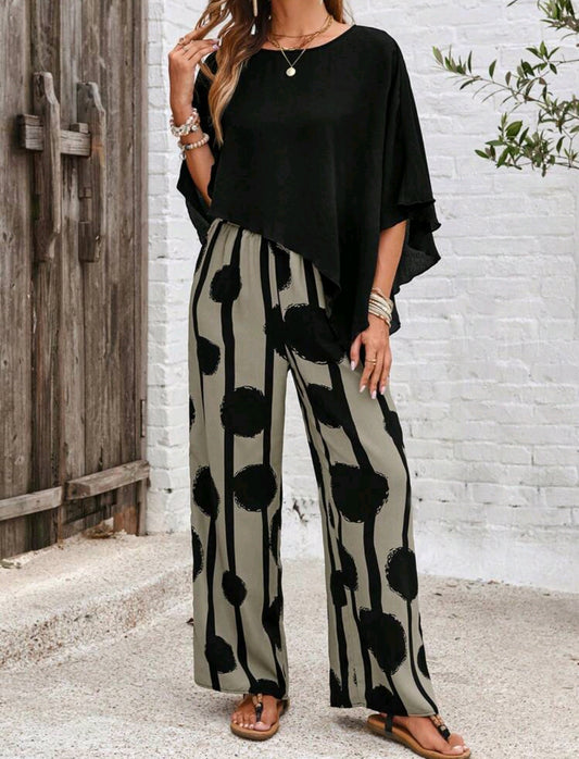 Solid Color Asymmetrical Hem Shirt And Color-Block Striped Circle Print Long Pants 2pcs/Set