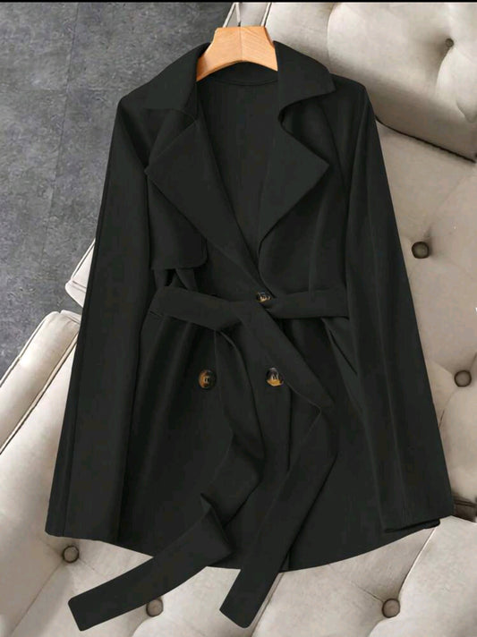 Franclia Women's Solid Color Turn-Down Collar Long Sleeve Double-Breasted Casual Trench Coat