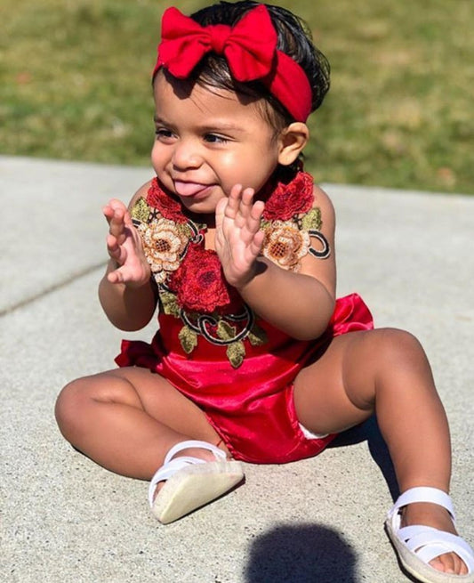 Red Silk Romper With Roses