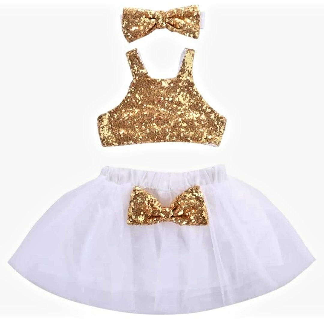 Gold Sequins Crop Top with Tutu and Headband