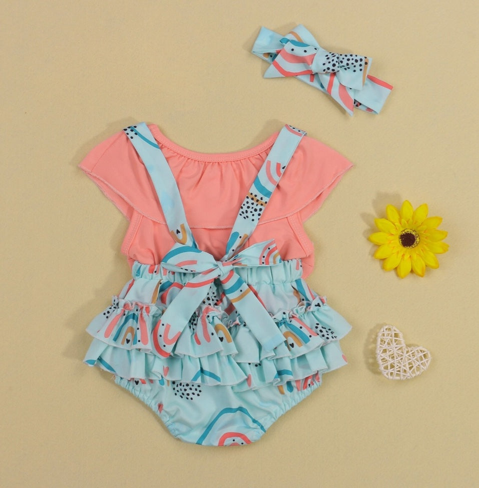 Peach Crop Top and Rainbow Overall Shorts and Headband