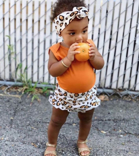 Orange Vest Romper with Leopard Bloomer and Headband