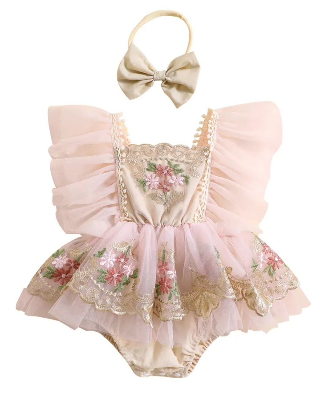 Ruffle Soft Pink Romper with Embroidered FloTulle and Headband