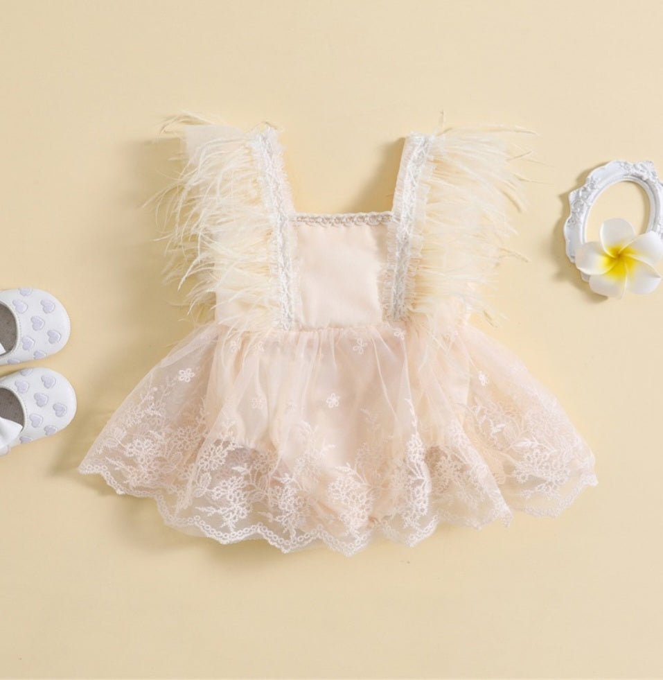 Ivory Feather Romper  with Lace Detail