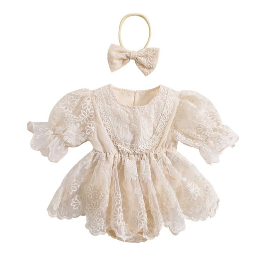 Off White Floral Embroidered Romper and Headband